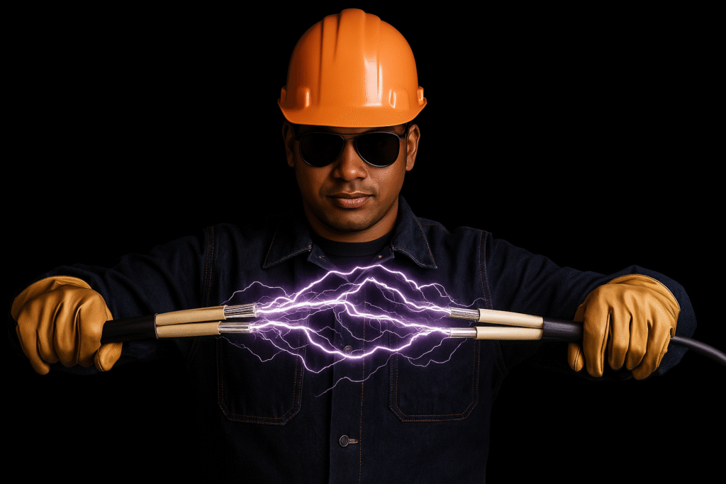 NATiVE Solar electrician in an orange hard hat and insulated gloves holding two cable ends, an electrical arc bridging the gap between them